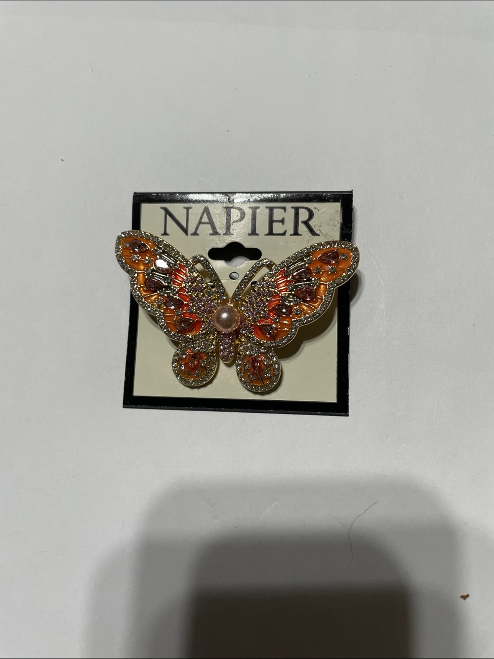 Napier Gold-Tone Butterfly Pin with Orange Crystals and Pearl.  Pins